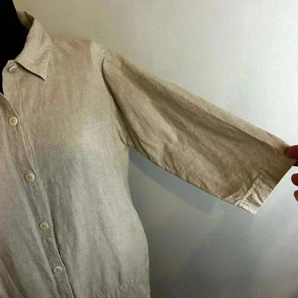 Eileen Fisher Vintage 100% Linen Womens M Beige Button Front Pockets Tunic Top - Picture 6 of 10